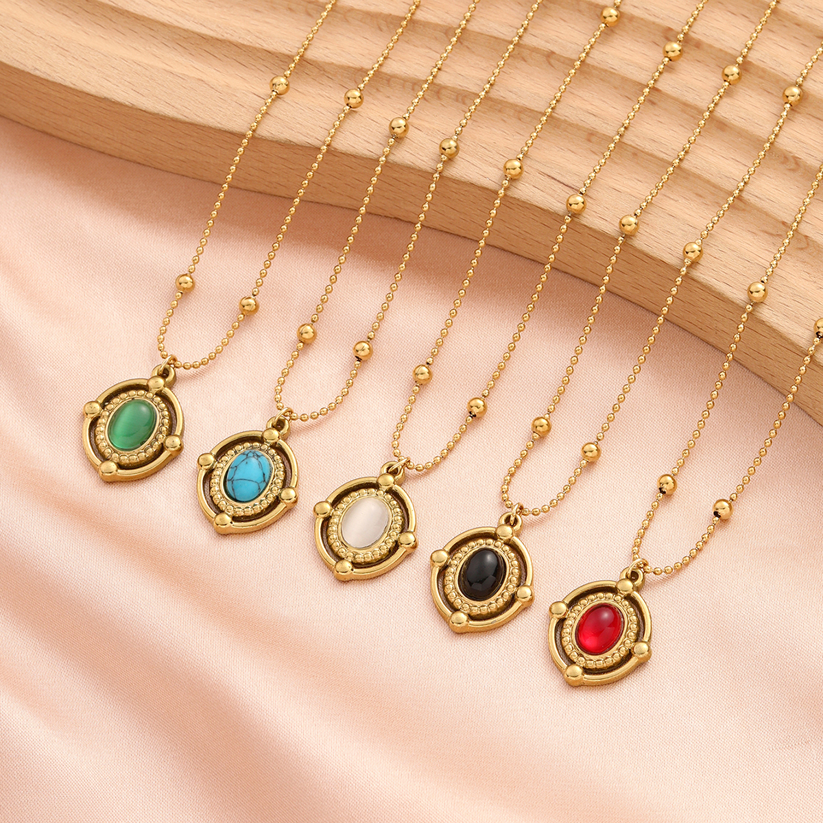 Gold Plated Stainless Steel Vintage Oval Gemstone Pendant Necklace
