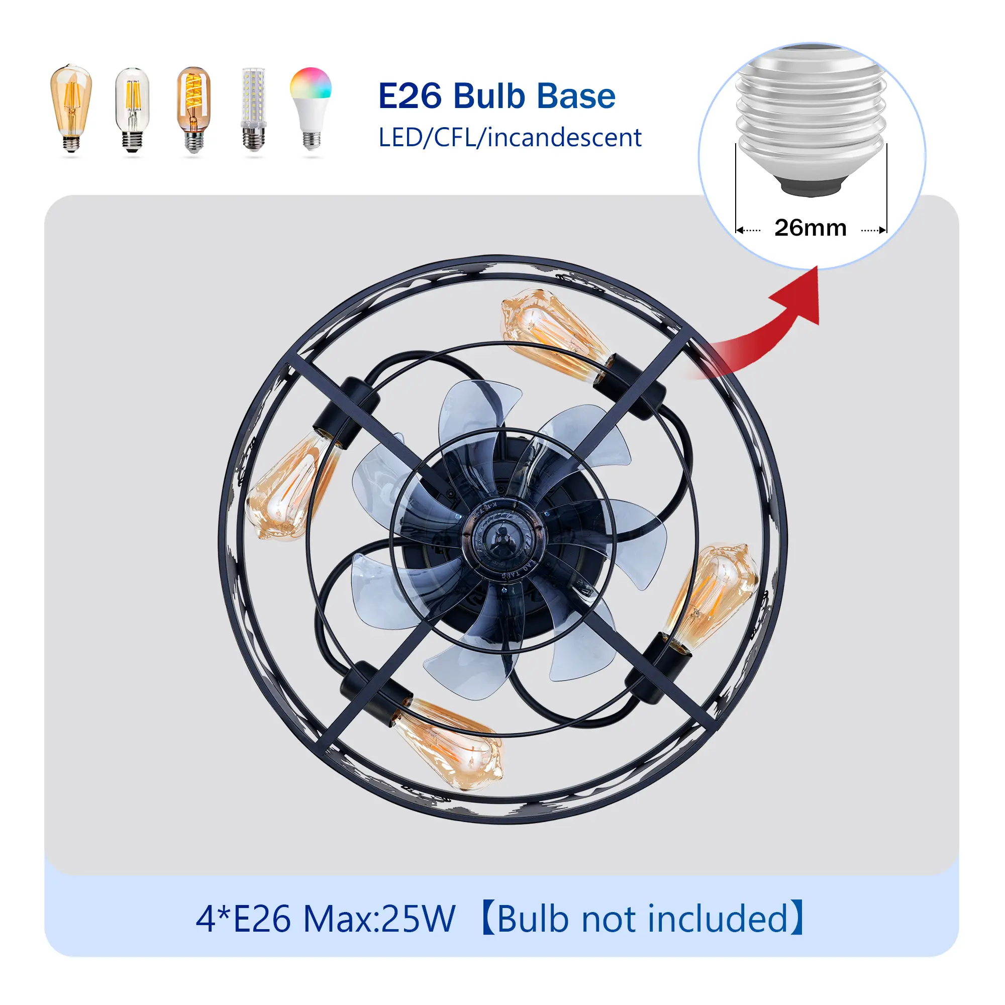 20in Caged Ceiling Fans With Remote, Bladeless Ceiling Fan 6 Speed Reversible With Remote Control,Flush Mount Caged Ceiling Fan For Bedroom, Living Room--NOT In