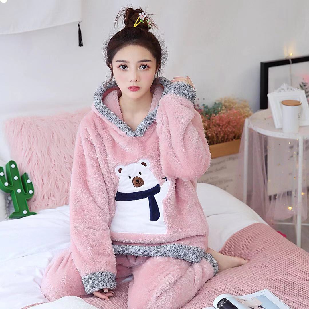 Hooded Coral Fleece For Thicken Plus Fleece Cute Winter Flannel Warm Home Service