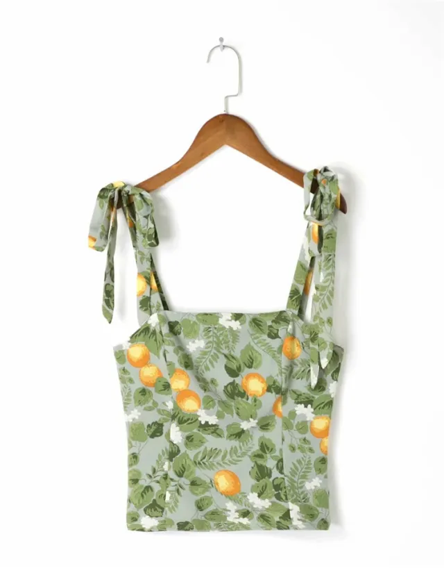 French Vintage Sweet Print Camisole Slim Fit Cropped Tank Top Tan - Shop at LoveMi