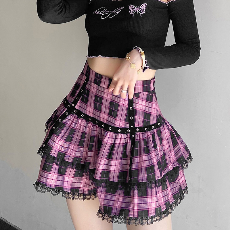 Ruffled Irregular Plaid High Waist Skirt
