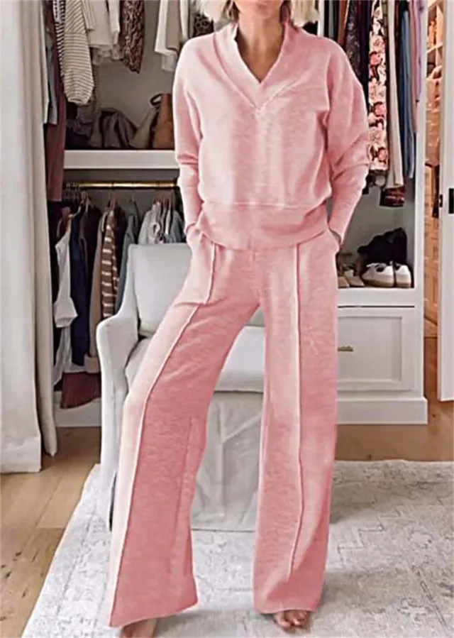 Long Sleeved Loose Top And Wide Leg Pants Two piece Set Pink - Shop at LoveMi