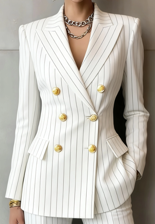 Retro Geometric Double-breasted Suit Jacket For Women, Long-sleeved, Slim Fit, Suitable For Commuting.
