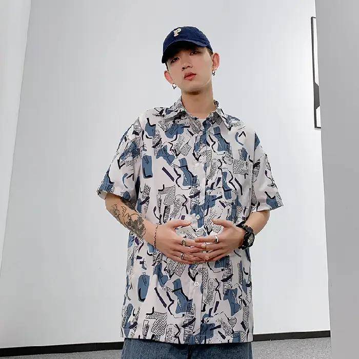 Solid Color Drop Shoulder Print Extra Loose Shirt Tide Brand Short Lining