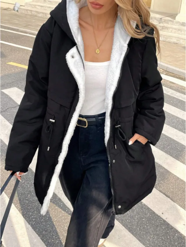 Drawstring Waist Hooded Plush Lined Parka Coat Black - Shop at LoveMi