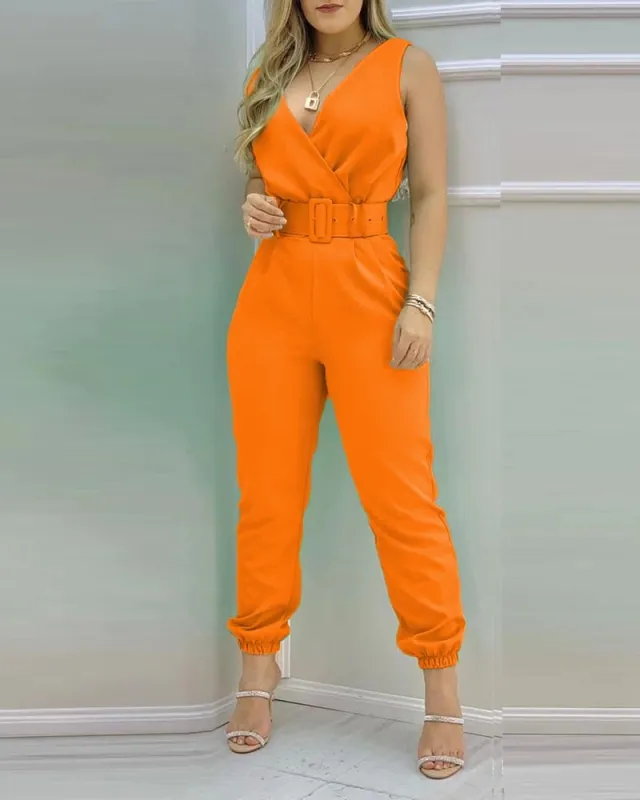 Women's V Neck Backless Printed High Waist Jumpsuit Orange - Shop at LoveMi