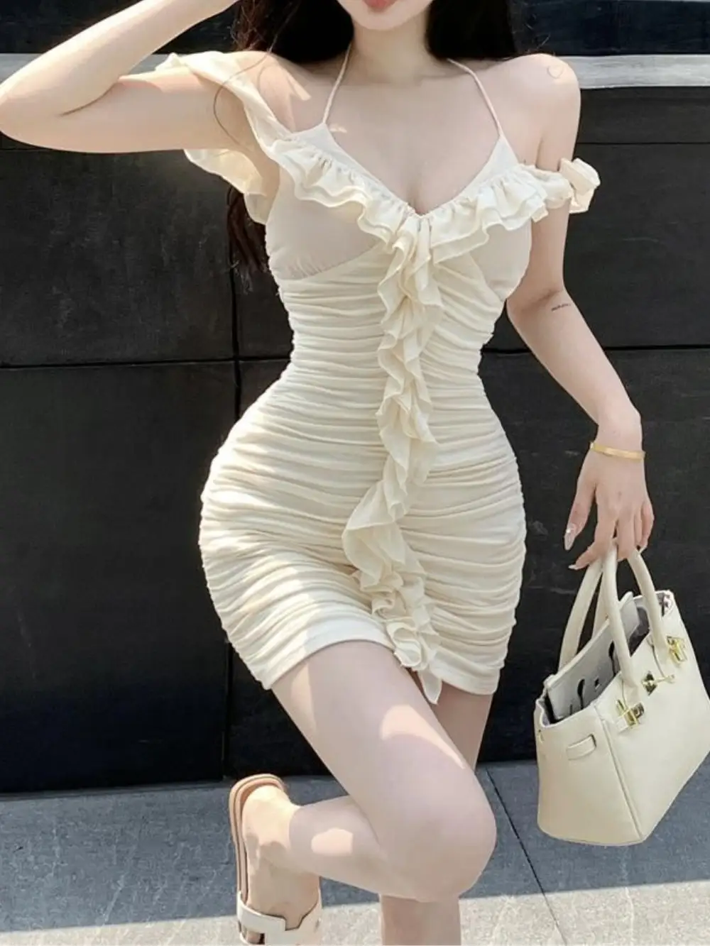 Halter Off-the-shoulder Ruffle Ruffle Pleated High Waist Dress