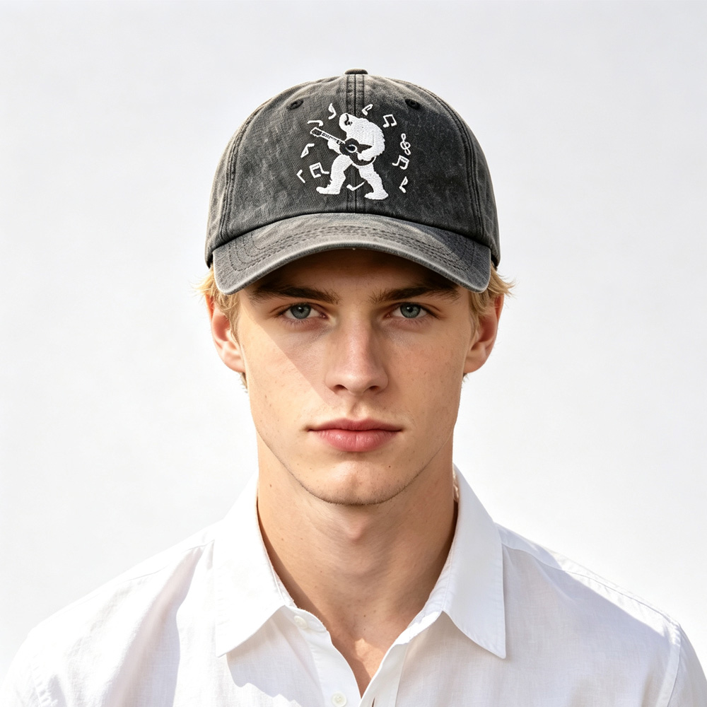 2pcs Guitar Black Baseball Cap For Women Men, Bigfoot Playing Guitar Musical Note Embroidery Hat, Vintage Distressed Cotton Trucker Cap For Summer Outdoor