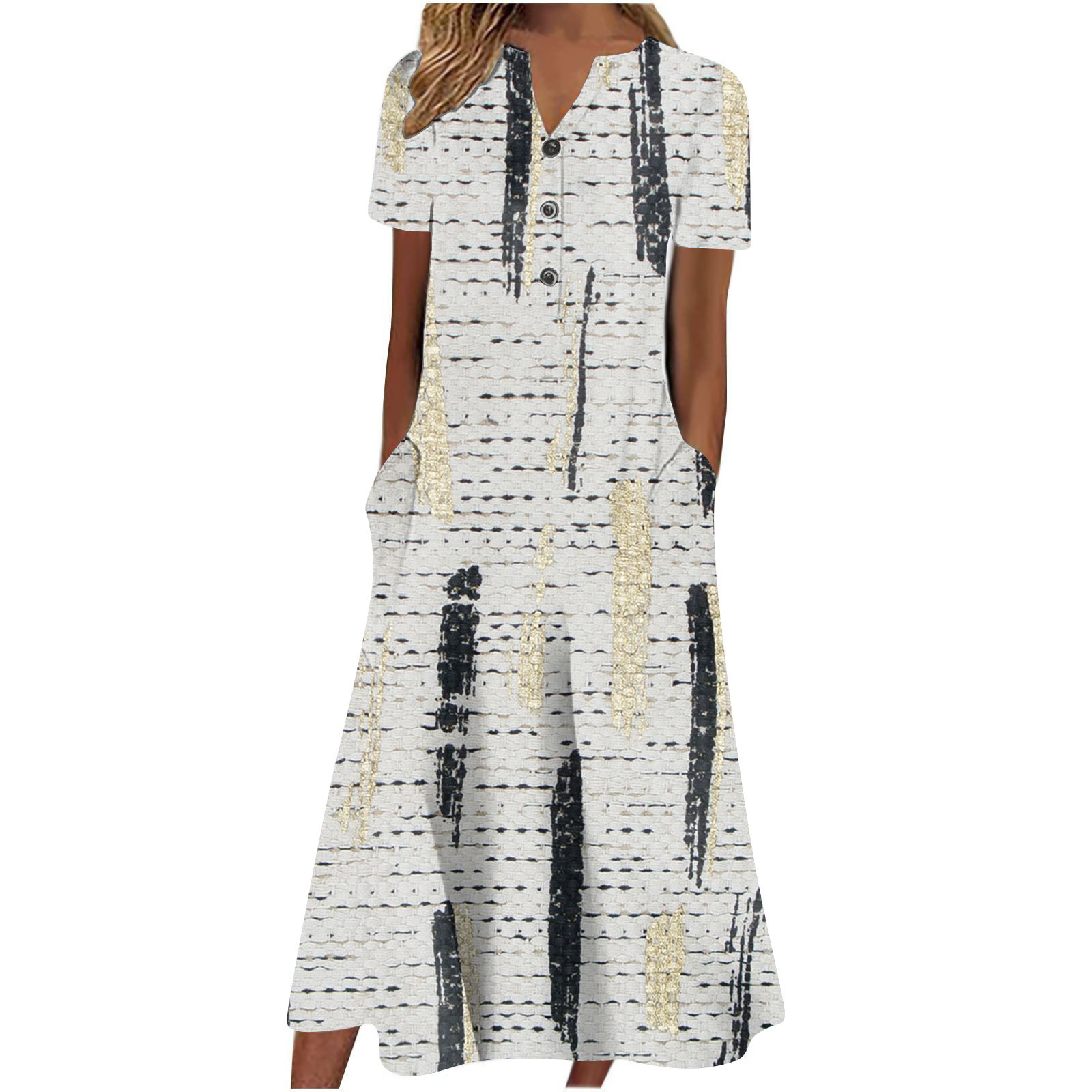 Damen Sommer Freizeit Kurzarm Lange Midi Uni Kleider mit Taschen - Bild 7 von 13