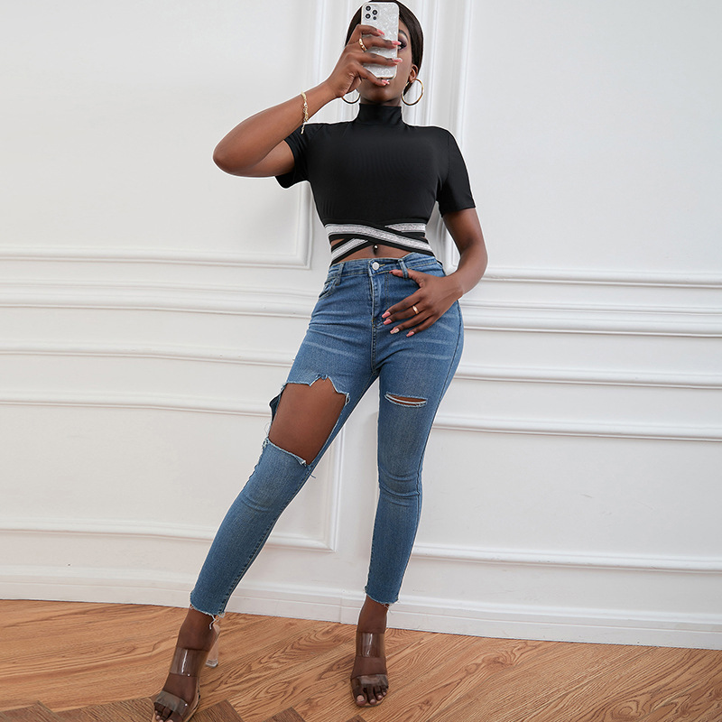 European And American New Navel T-shirt Women's Tethered Cross Straps Slim Fit Short-sleeved Top