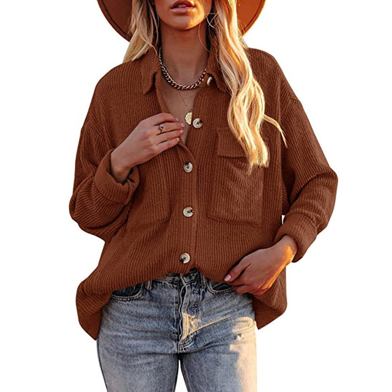 Title 5, Solid Color Loose Corduroy Pocket Long Sleeve C...