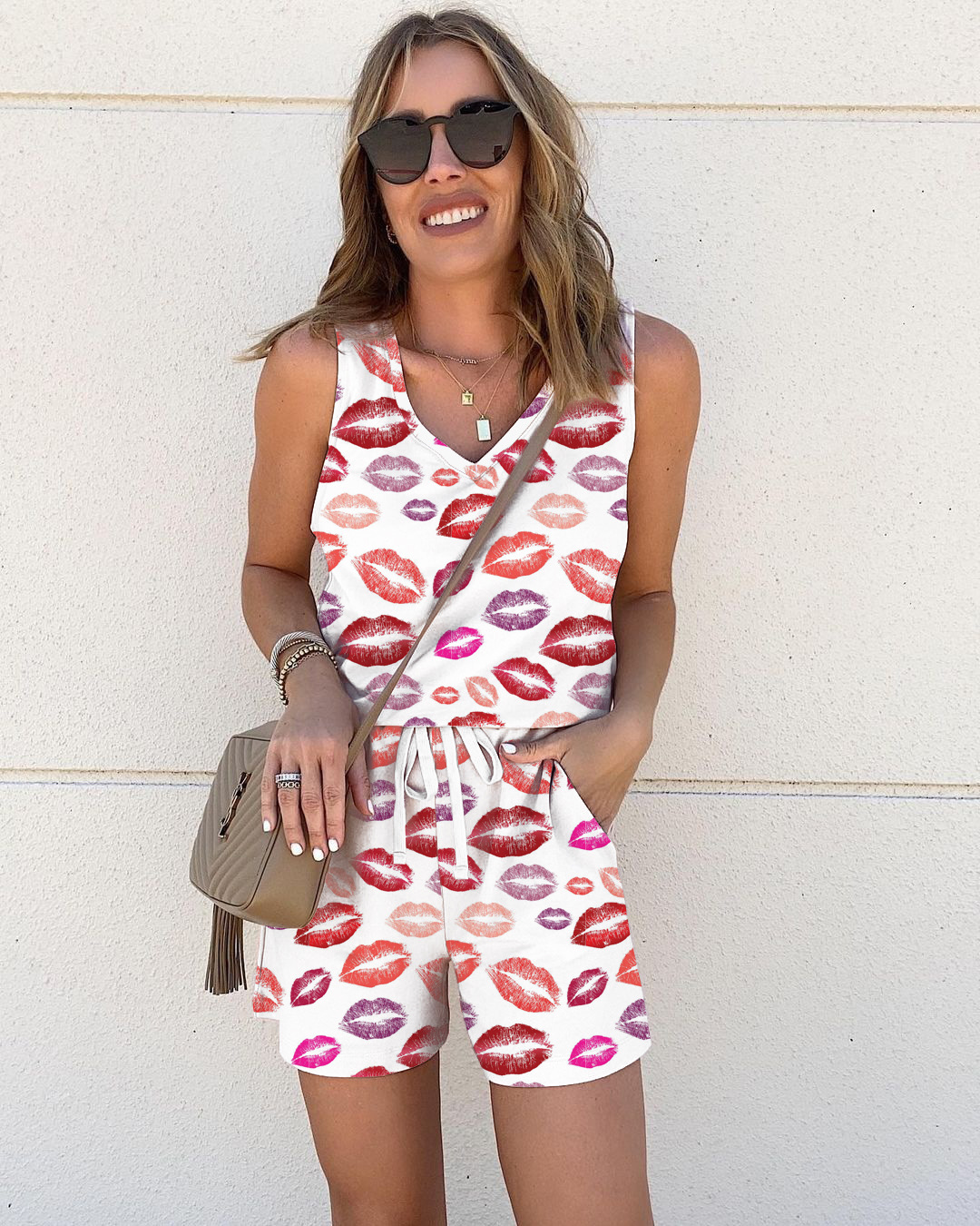 New Printed Sexy V-Neck Lace-Up Vest Suit Loose Two-Piece Suit