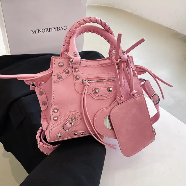 Motorcycle Bag Portable Retro Rivet Punk Shoulder Pink - Shop at LoveMi