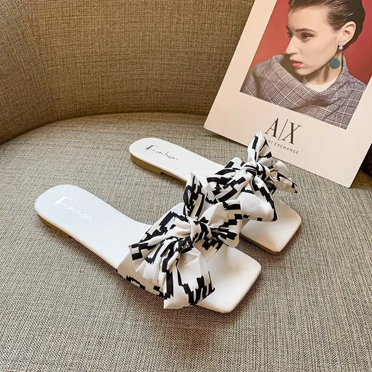 Summer Bow Square Toe Flat Flip Flops