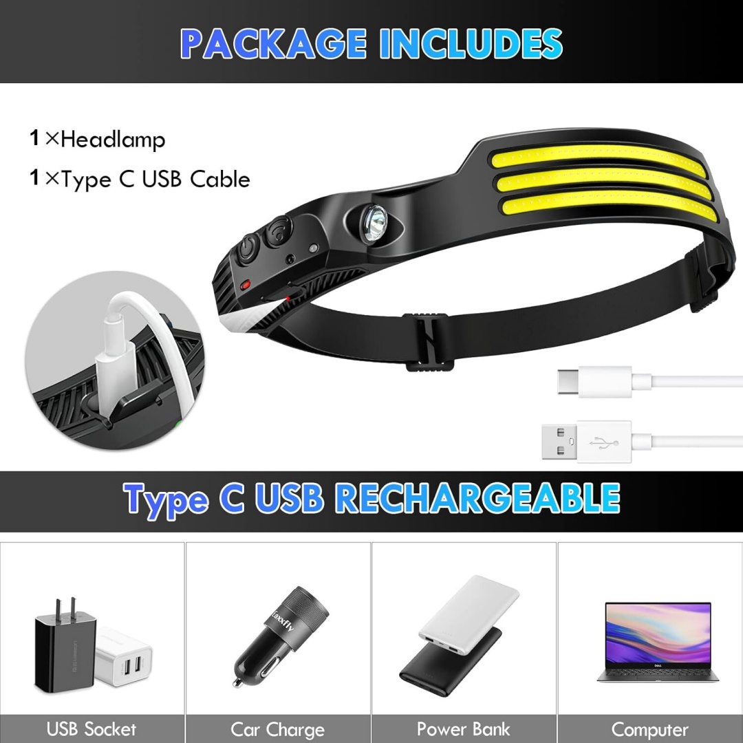 COB -LED Rechargeable Headlamp Headlight Torch Work Light Head Band Lamp 6000K