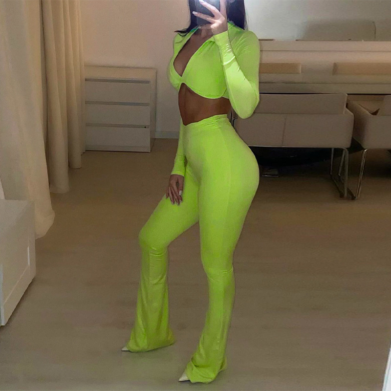 Long Sleeve Short Top Micro Flare Pants Sports Casual Suit