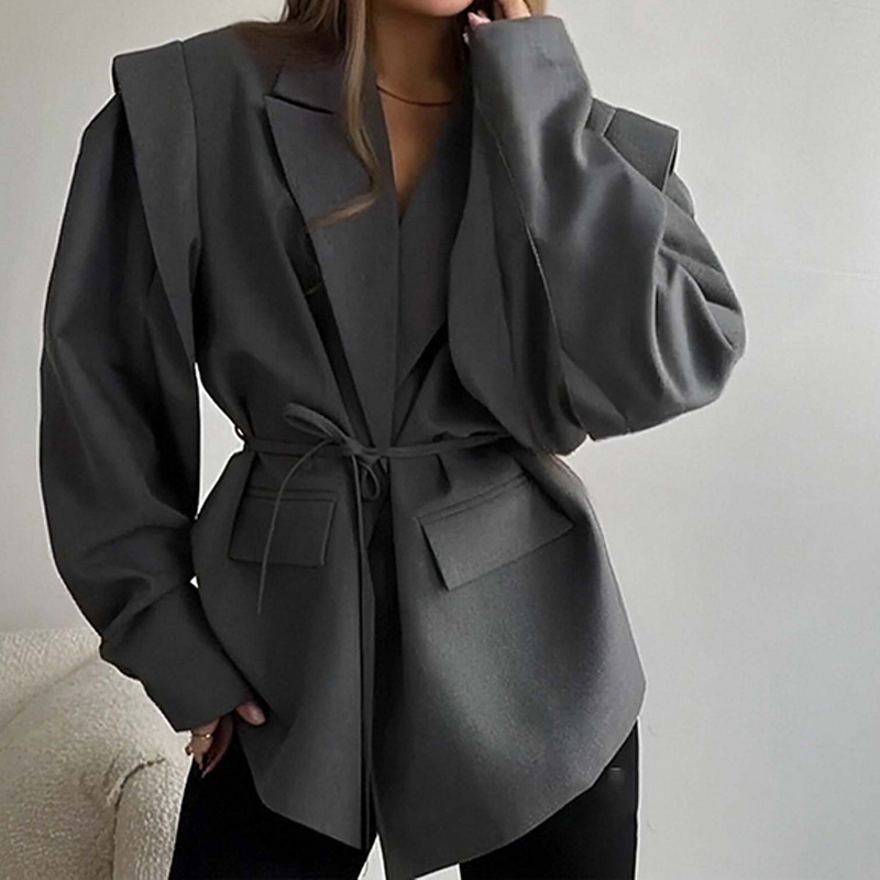 Women's Waist Tie Blazer Elegant Business Casual Solid Color Jacket For Fall Winter Office Gray - Shop at LoveMi