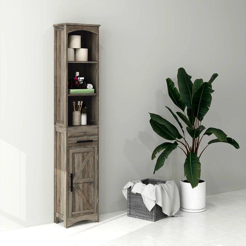 Farmhouse Tall Slim Bathroom Storage Cabinet With Recessed Drawer, Narrow Cabinet With Barn Door, Weathered Gray Oak