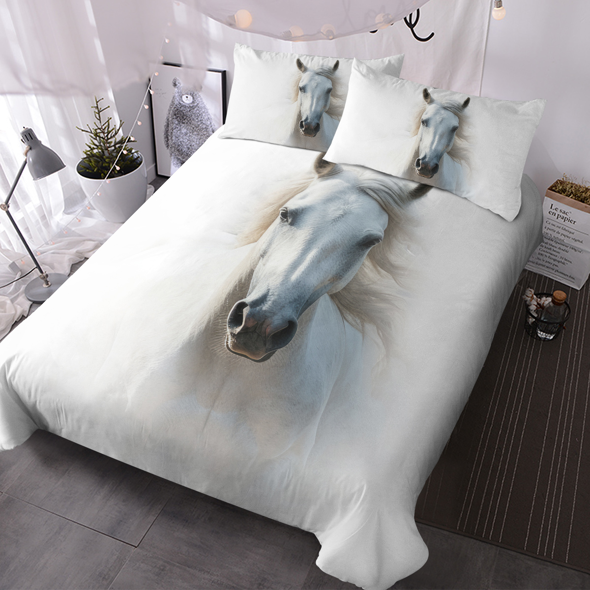 White Horse Bedding Set Horse Comforter Cover Set For Teen Boys Super Soft...