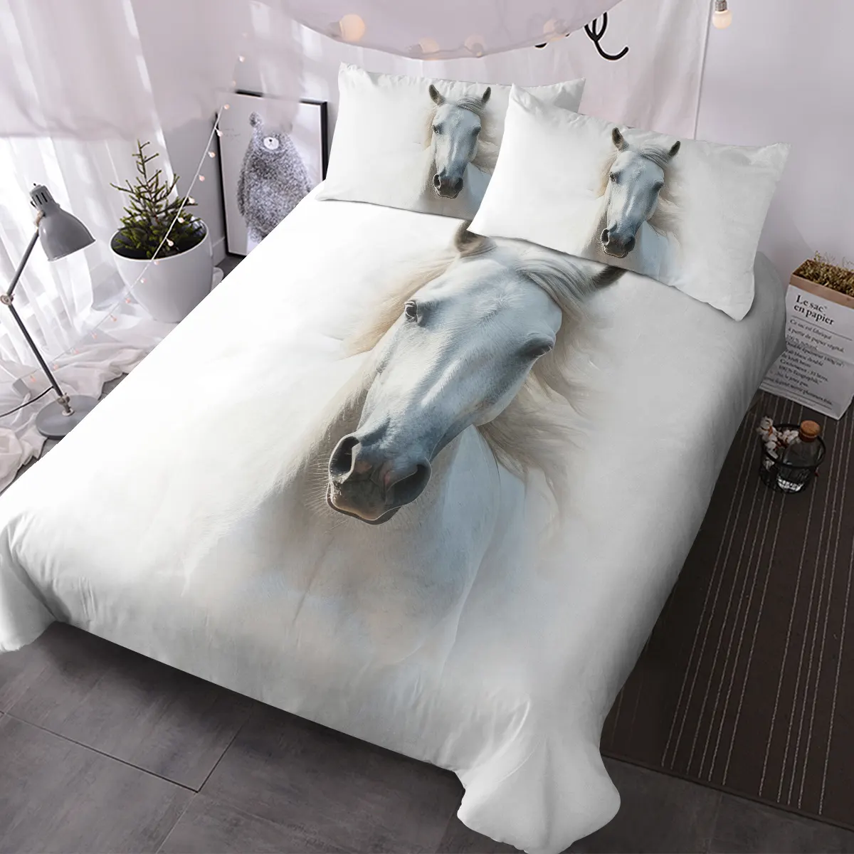 White Horse Bedding Set Comforter Cover
