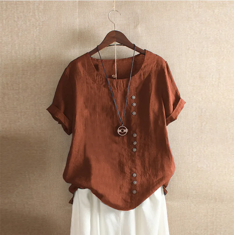 Retro Plus Size Casual Loose Cotton And Linen Short-sleeved Pullover T-shirt - Coffee