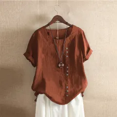 Retro Plus Size Casual Loose Cotton And Linen Short-sleeved Pullover T-shirt - Coffee - View 1