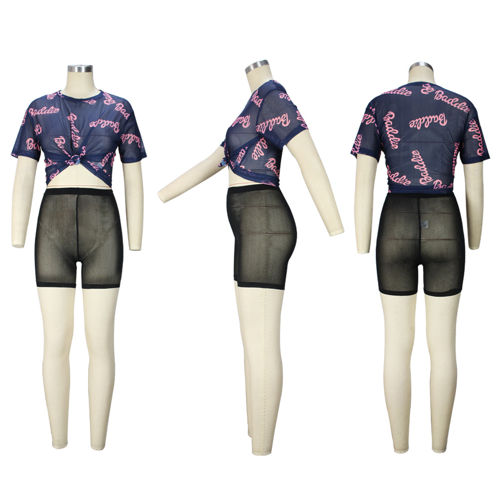 Printed European And American  Women's Perspective Short-sleeved Shorts Two-piece Set