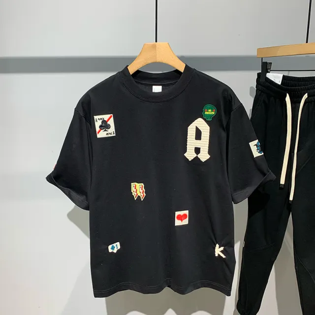 Embroidered Printed Crewneck Short Sleeve T shirt Men's Black - Shop at LoveMi