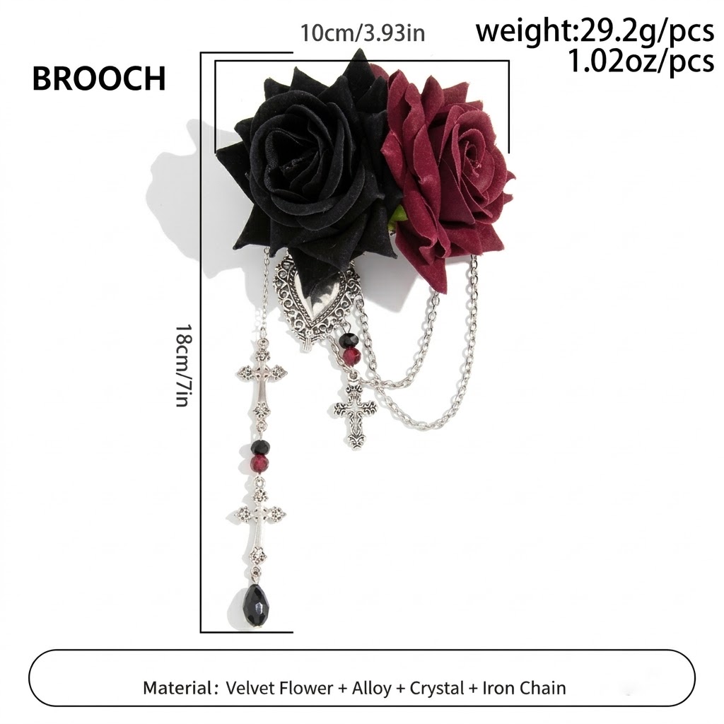 Gothic Dark Vintage Velvet Rose Brooch Pin With Antique Cross Pendant 3
