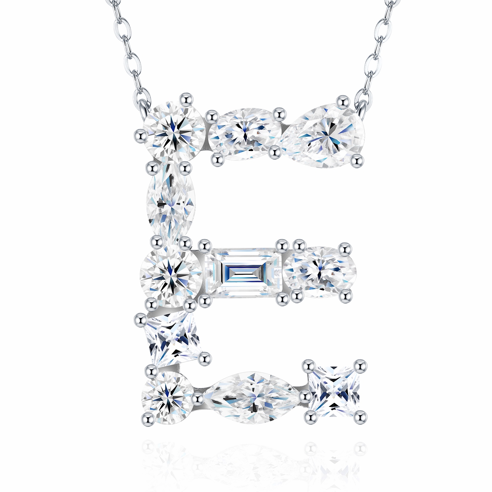 A Luxurious And Fashionable Light Luxury Trend Jewelry Silver Necklace Pendant Featuring 26-letter E Set With Top-quality Moissanite, Made Of S925 Silver Electroplated With Platinum.