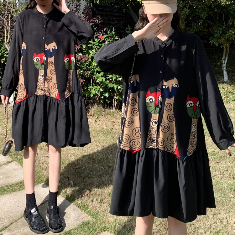 Loose And Thin Black Temperament Long-sleeved Dress Covering Belly