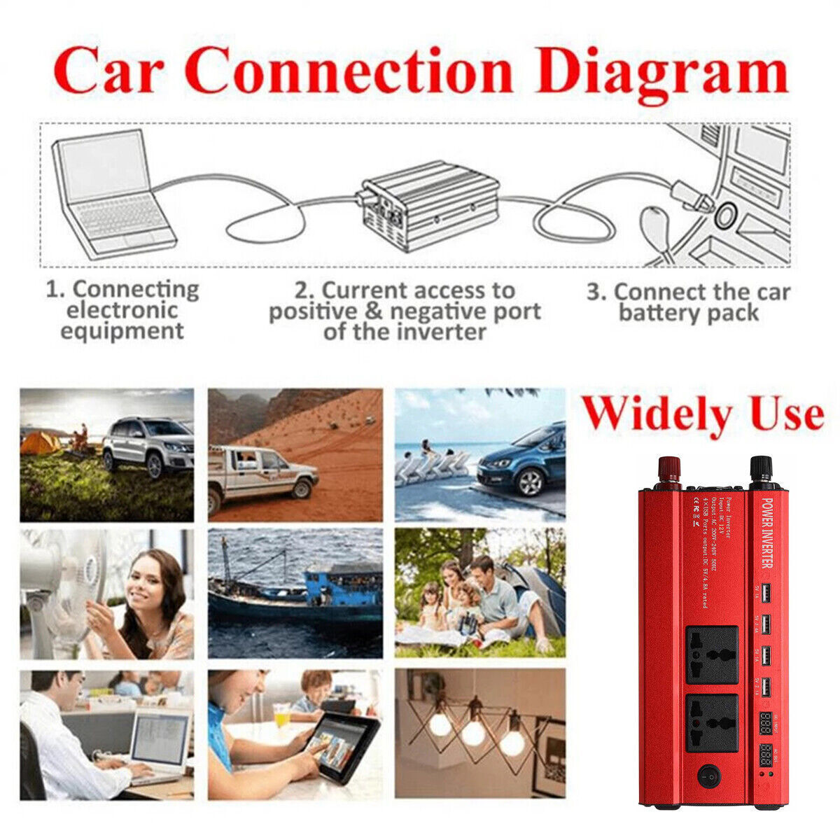6000W Car Power Inverter Converter DC 12V To AC 240V 4 USB 2 UK Socket Sine Wave 9