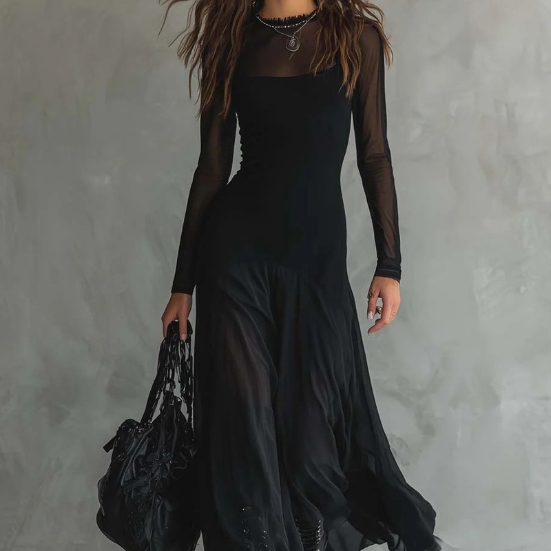 Elegant Sexy Long Sleeve Solid Waist Maxi Dress