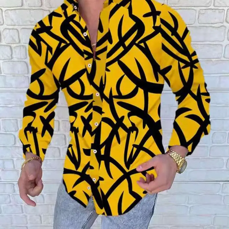 Men's Beach Print Casual Loose Long Sleeve Lapel Men's Top
