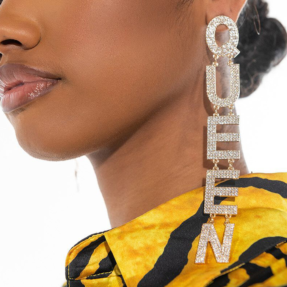 Queen Rhinestone Hoop Earrings Women's Long Letters