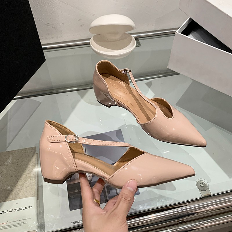 Women French Pointed Toe Low Cut Block Heel Pumps, Professional Commute Shoes, Ankle Strap Mid Heel Elegant Fashion Mary Jane Shoes product image