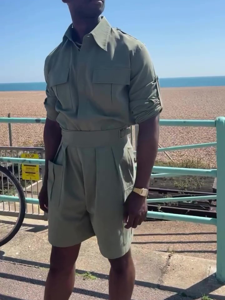 Army Green Long Sleeve Pocket Shirt & High Waist Shorts Set