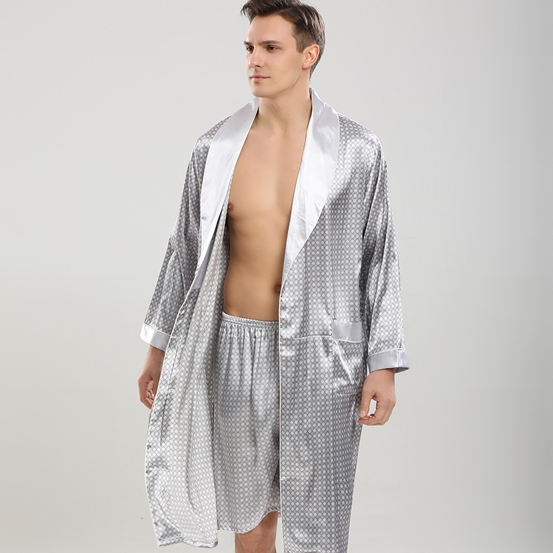 Men's Spring Summer Long Sleeve Silk Nightgown Two Piece Set