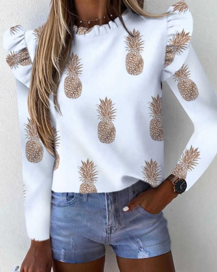 Title 2, Ruffled Long Sleeve Crew Neck Pineapple Print B...