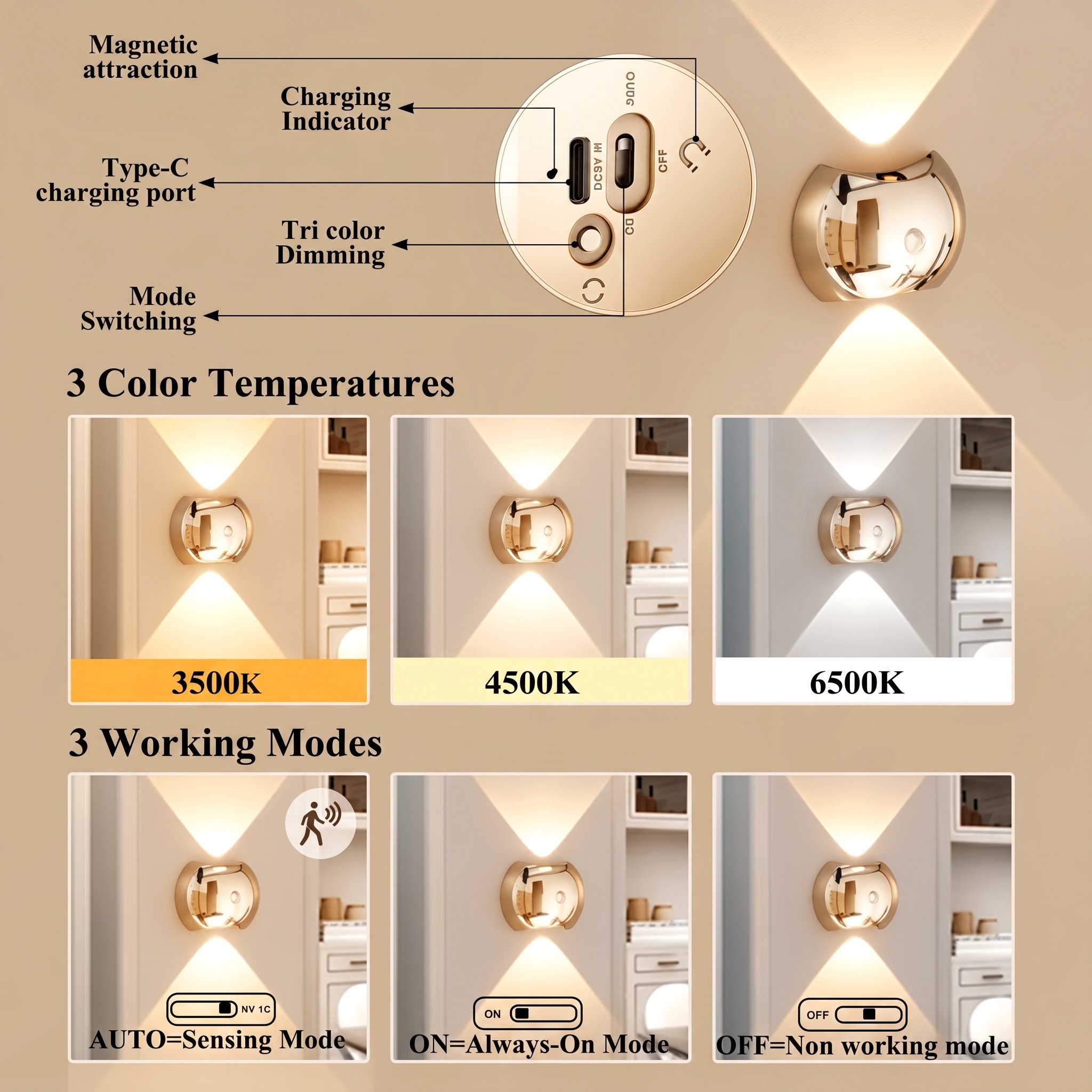 LED Modern Indoor Wall Light With Motion Sensor 3 Color Modes 2700K 4500K 6500K USB Rechargeable Magnetic Portable Wall Sconce For Living Room Bedroom 2 Packs — foto 5
