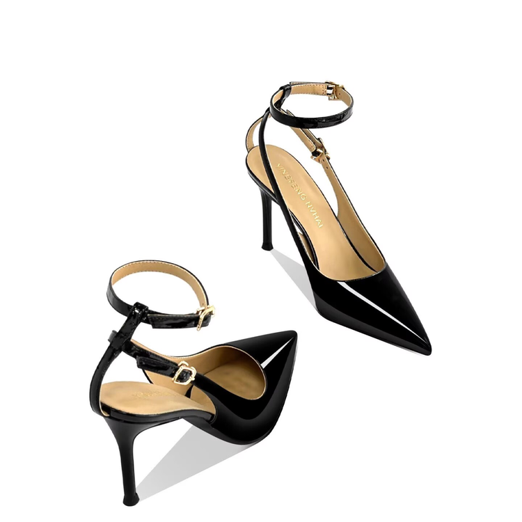 Women's Minimalist European & American Style Pointed Toe Patent Leather Stiletto Sandals, Ankle Strap, Slim Fit, Sexy Nightclub Shoes