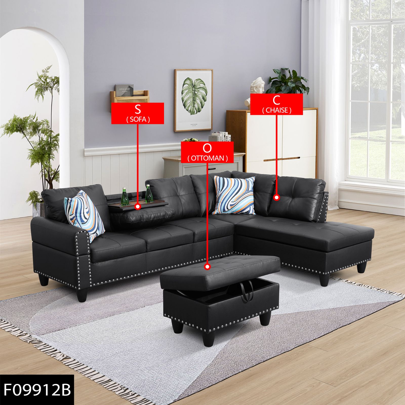 Pickup Only Black Faux Leather Synthetic Leather 3 Piece Sofa Set thumbnail 1