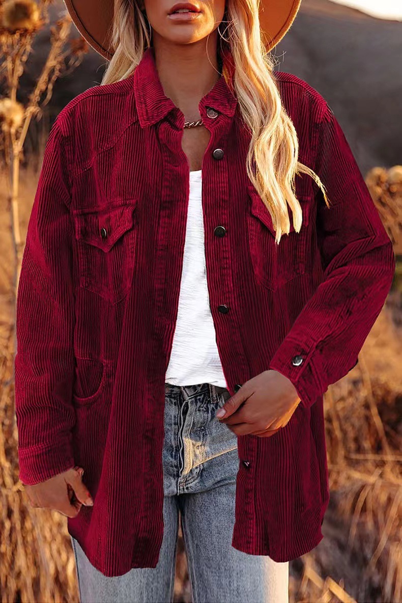 Thick Shirt Corduroy Lapel Button Ladies Jacket Claret - Shop at LoveMi