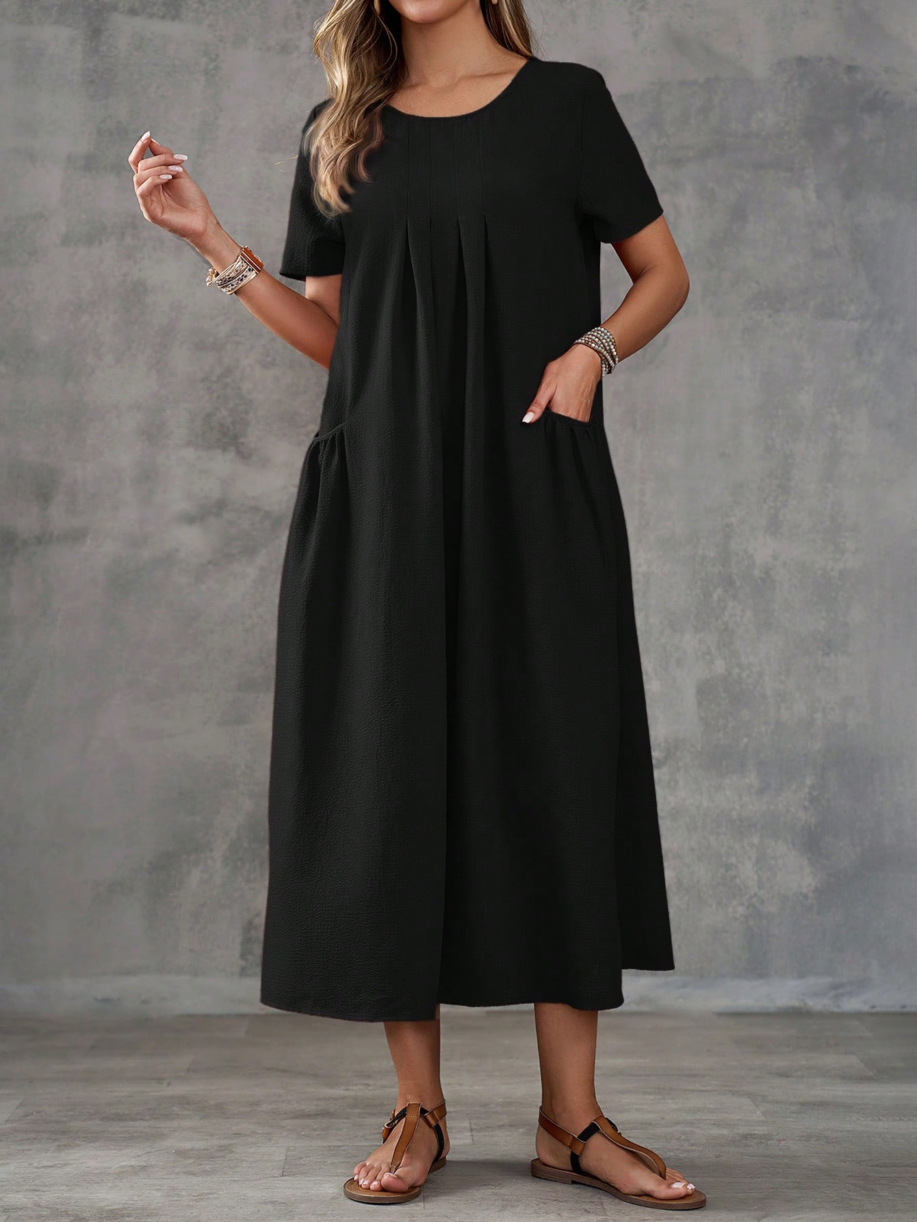 Women Solid Color Dual Pocket Casual Beach Dress
