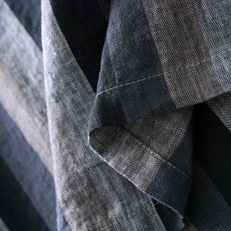 Japanese Casual Hedging Plaid Linen Shirt Men's Short Sleeves