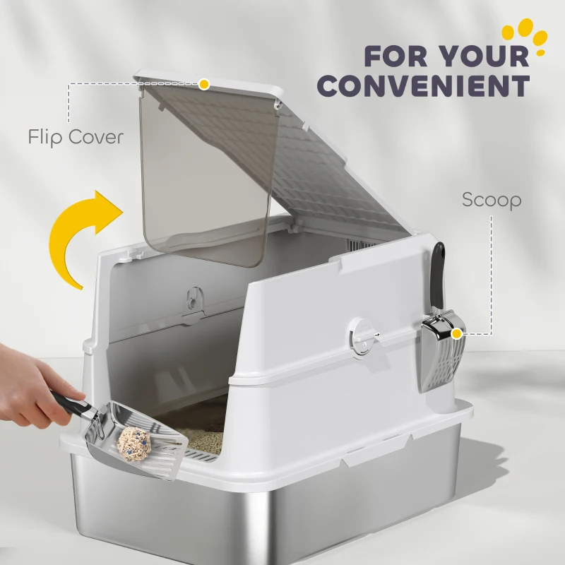 Extra Large Stainless Steel Cat Litter Box For Big Cats With Flip Cover, High-Sided Enclosure & Scoop
