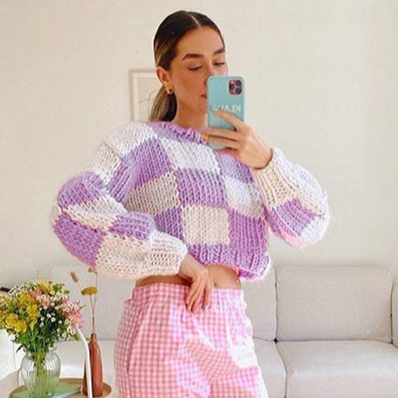 Check Color Contrast Long-sleeved Woolen Pullover Top