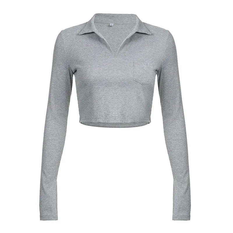 Basic Lapel Long Sleeved Shirt For Women - Grey