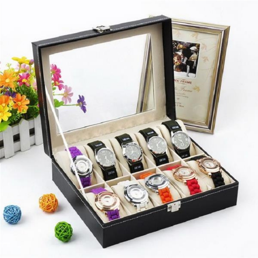 10 Compartments High-grade Leather Watch  Storage Box Black 5