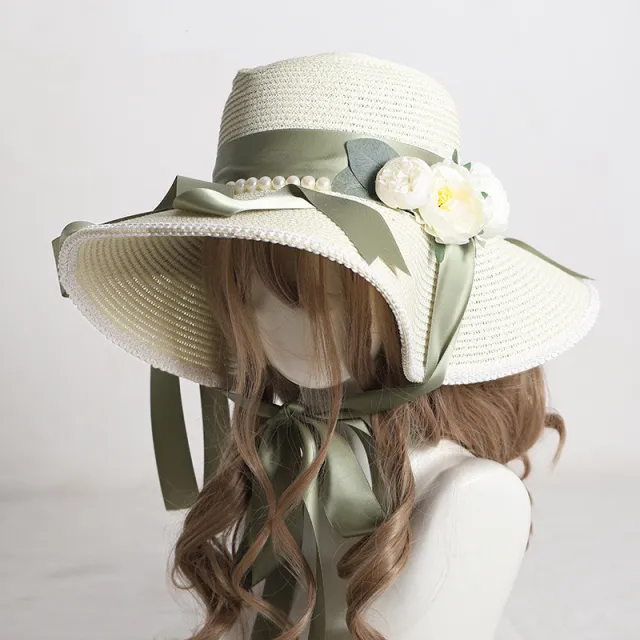 Flower Straw Women's Sun Hat Sunscreen Big Brim Hand made Bow Beige - Shop at LoveMi
